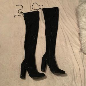 Black crystal thigh high boots